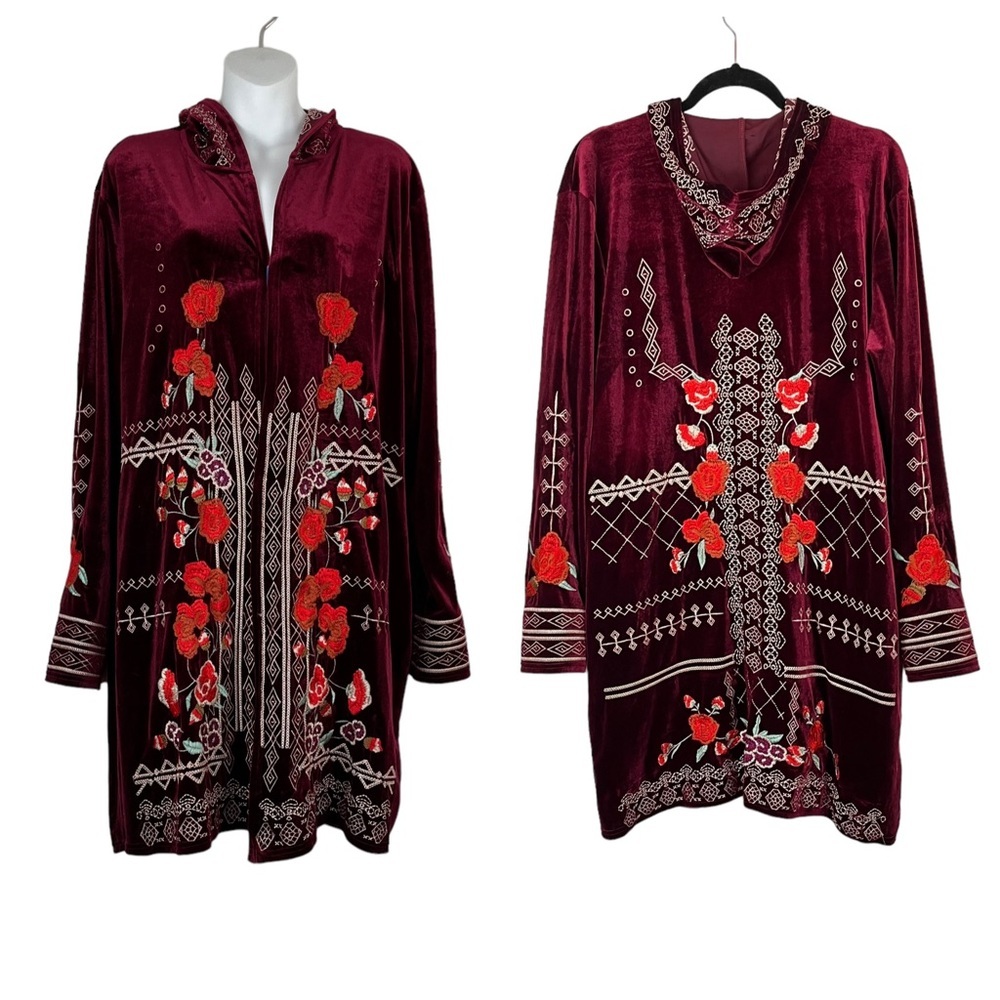 L&B Beautiful Embroidered Red Wine Velvet Cardigan Hoodie Size Large
